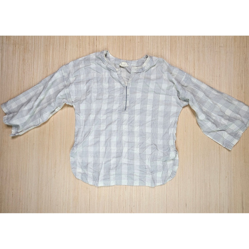 Anokhi Tunic Blouse Womens S White Blue Plaid Split Neck 3/4 Sleeve Lagenlook